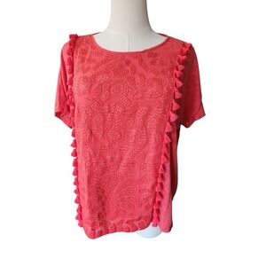 J. Crew Embroidered Linen Tassel Top Coral Red Women's Small Bohemian Blouse‎
